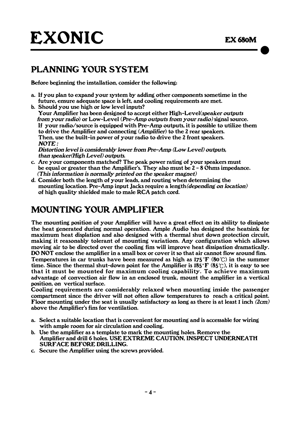Planning your system, Mounting your amplifier | EXONIC EX 680M User Manual | Page 4 / 12