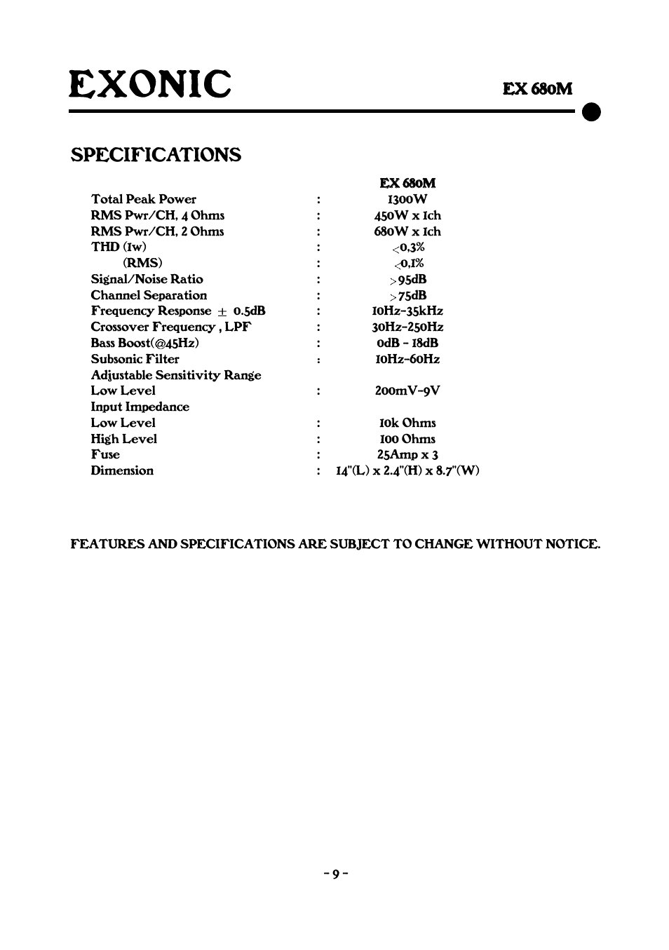 Specifications | EXONIC EX 680M User Manual | Page 9 / 12