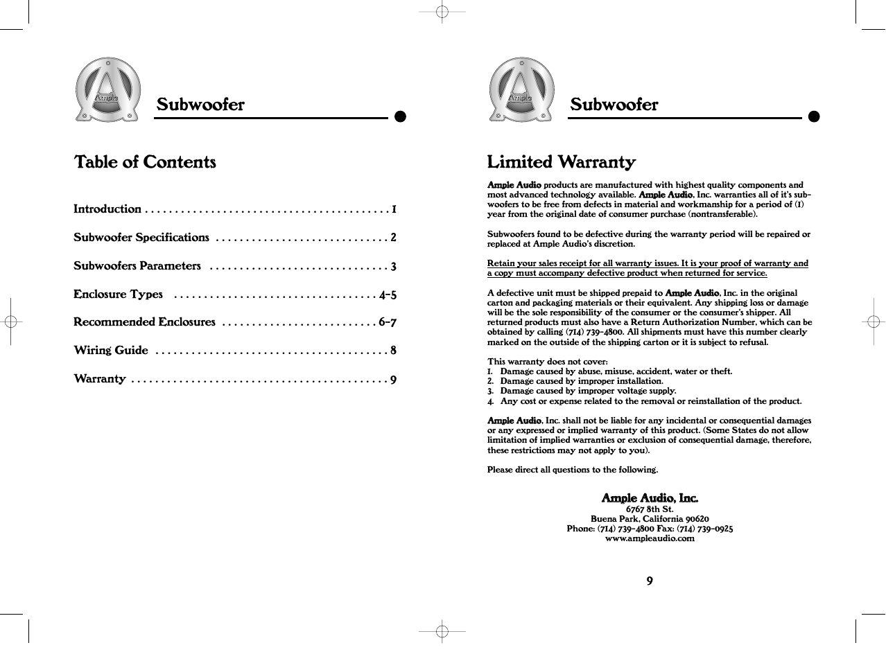 Subwoofer, Subwoofer table of contents, Limited warranty | EXONIC Sub User Manual | Page 2 / 6