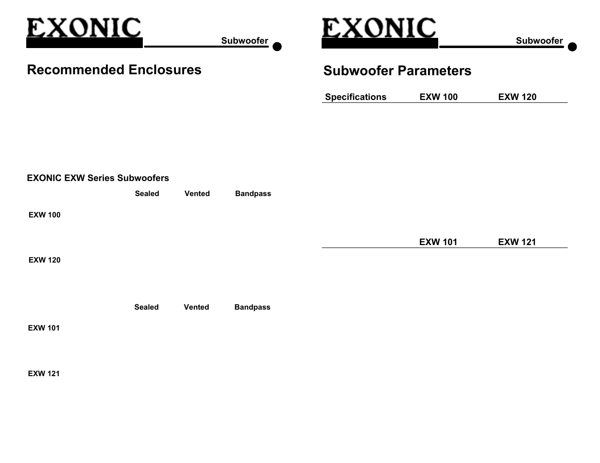 Recommended enclosures, Subwoofer parameters | EXONIC Subwoofer User Manual | Page 4 / 5