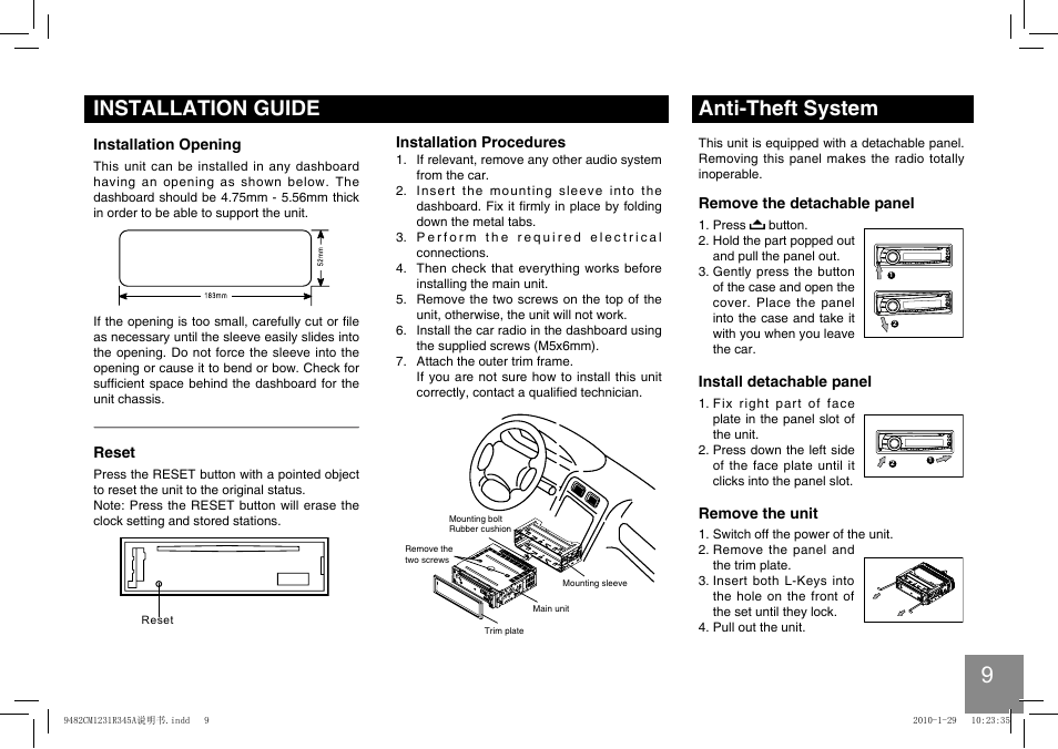 Installation guide, Anti-theft system | EXONIC 150 User Manual | Page 10 / 13