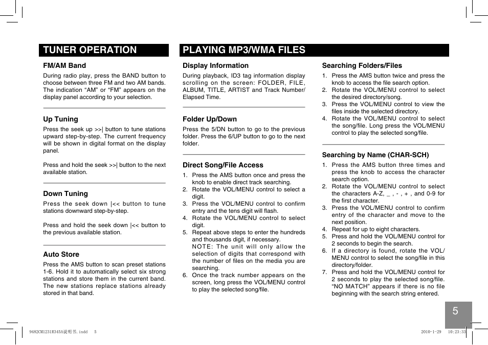 Tuner operation, Playing mp3/wma files | EXONIC 150 User Manual | Page 6 / 13