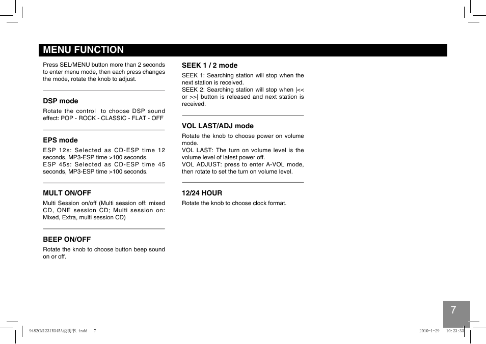 Menu function | EXONIC 150 User Manual | Page 8 / 13