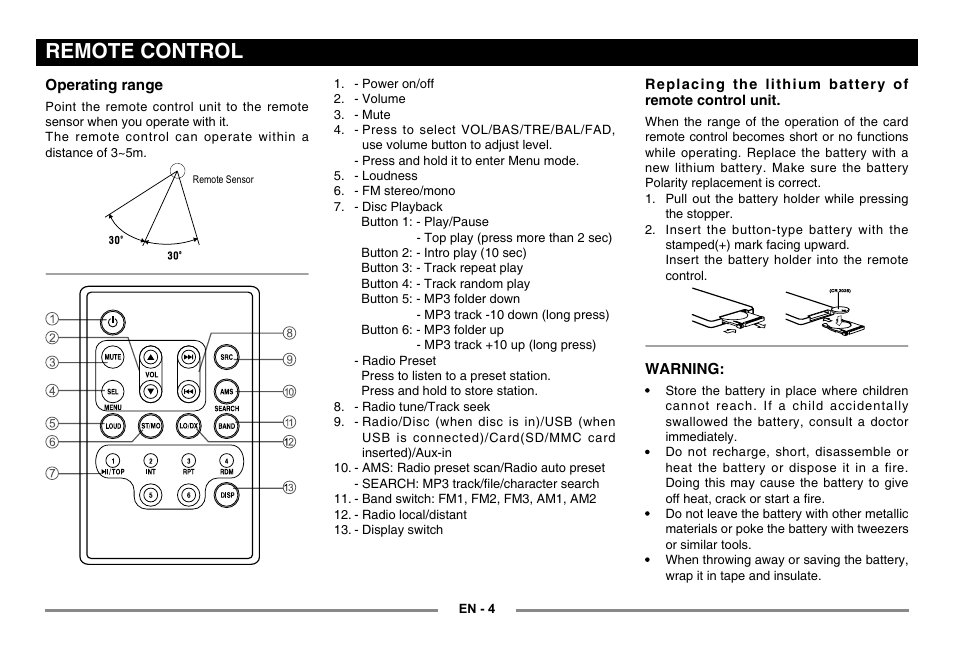 Remote control | EXONIC 500 User Manual | Page 5 / 14