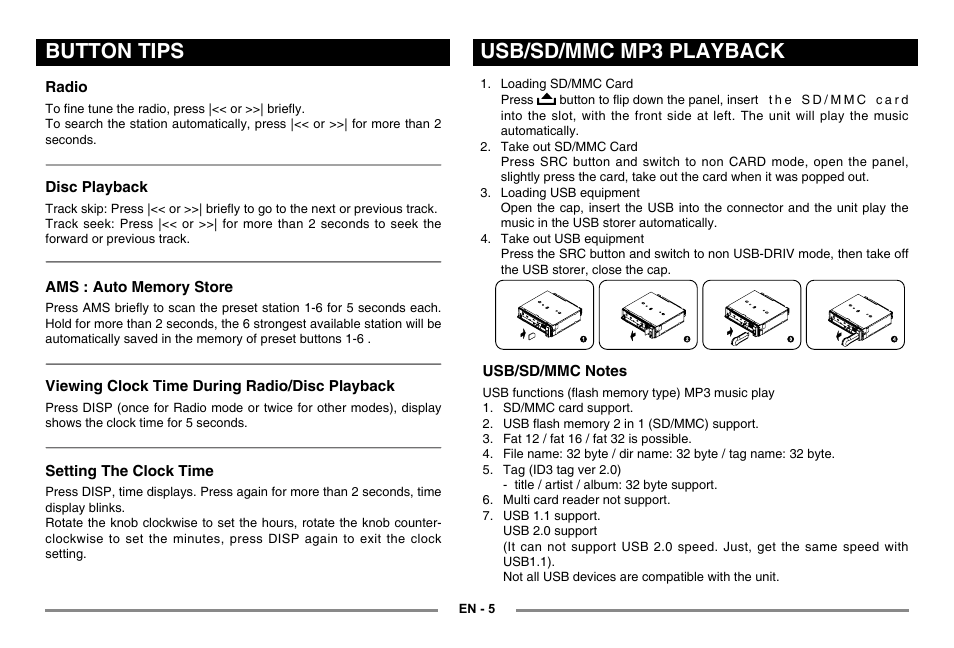 Button tips, Usb/sd/mmc mp3 playback | EXONIC 500 User Manual | Page 6 / 14