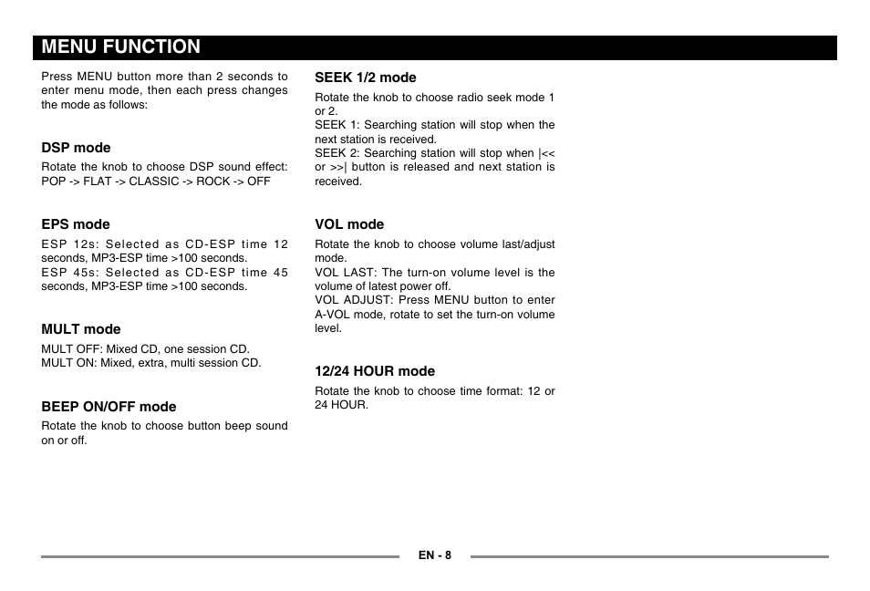 Menu function | EXONIC 500 User Manual | Page 9 / 14