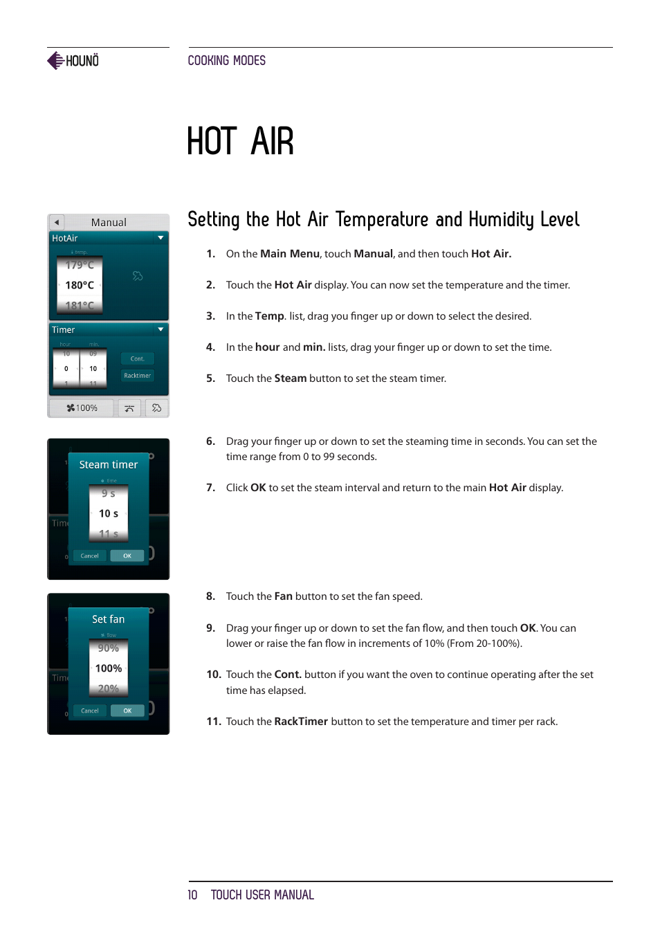Hot air, Setting the hot air temperature and humidity level | HOUNO KPE, CPE, BPE & CPE-gas ovens User Manual | Page 10 / 40
