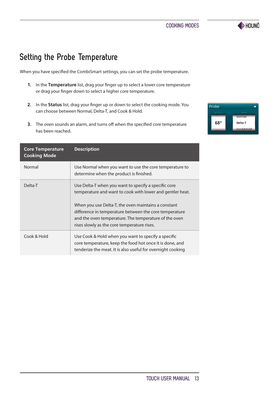 Setting the probe temperature | HOUNO KPE, CPE, BPE & CPE-gas ovens User Manual | Page 13 / 40