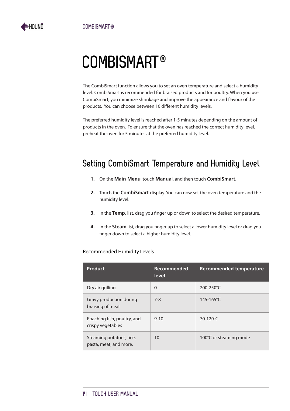 Combismart, Setting combismart temperature and humidity level | HOUNO KPE, CPE, BPE & CPE-gas ovens User Manual | Page 14 / 40