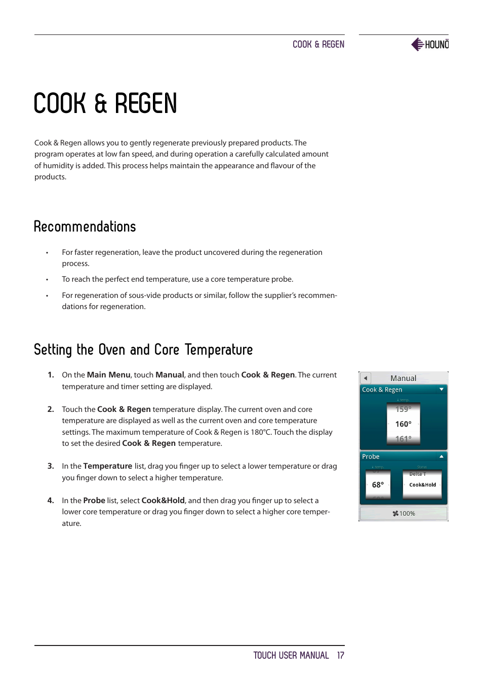 Cook & regen, Recommendations, Setting the oven and core temperature | HOUNO KPE, CPE, BPE & CPE-gas ovens User Manual | Page 17 / 40