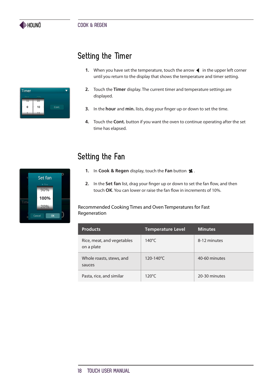 Setting the timer, Setting the fan | HOUNO KPE, CPE, BPE & CPE-gas ovens User Manual | Page 18 / 40