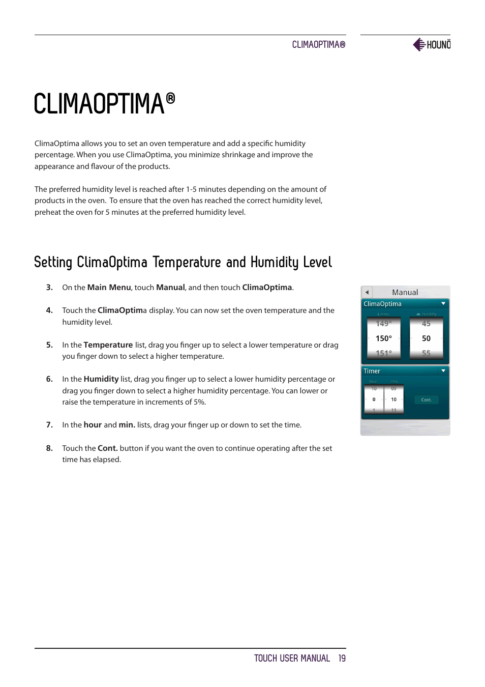 Climaoptima, Setting climaoptima temperature and humidity level | HOUNO KPE, CPE, BPE & CPE-gas ovens User Manual | Page 19 / 40
