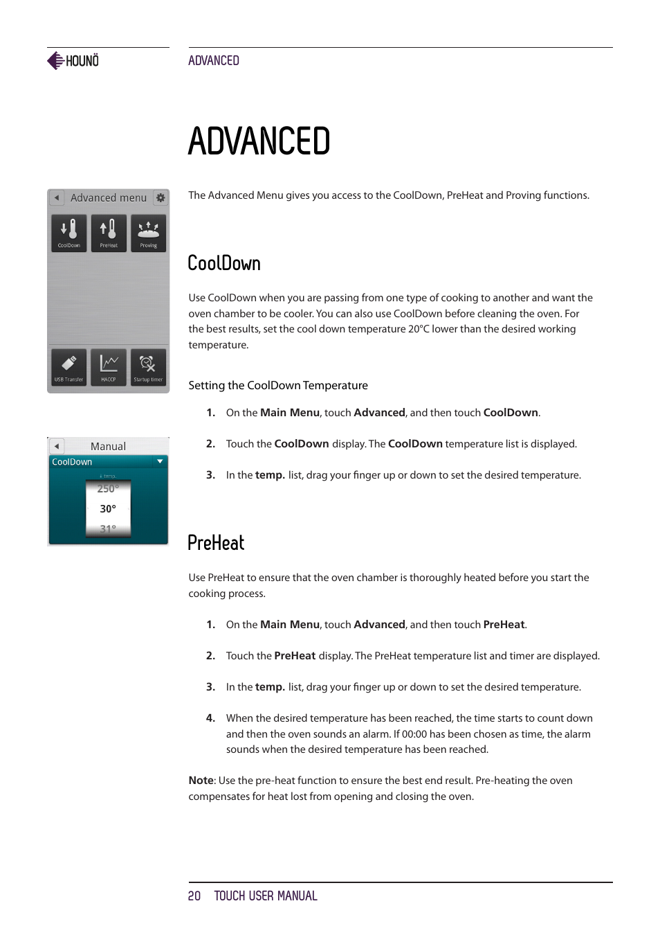Advanced, Cooldown, Preheat | HOUNO KPE, CPE, BPE & CPE-gas ovens User Manual | Page 20 / 40