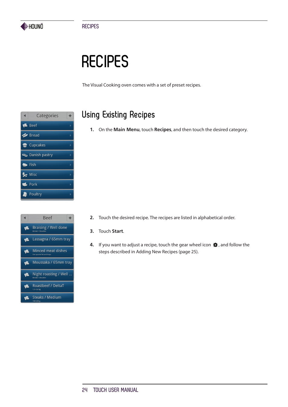 Recipes, Using existing recipes | HOUNO KPE, CPE, BPE & CPE-gas ovens User Manual | Page 24 / 40