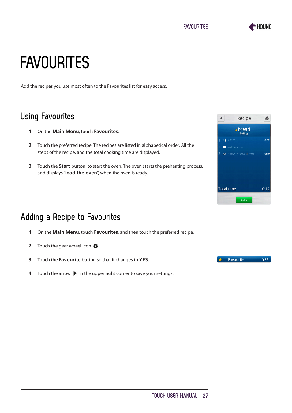 Favourites, Using favourites, Adding a recipe to favourites | HOUNO KPE, CPE, BPE & CPE-gas ovens User Manual | Page 27 / 40