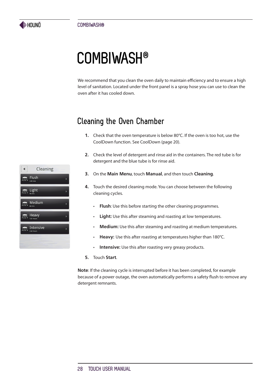 Combiwash, Cleaning the oven chamber | HOUNO KPE, CPE, BPE & CPE-gas ovens User Manual | Page 28 / 40
