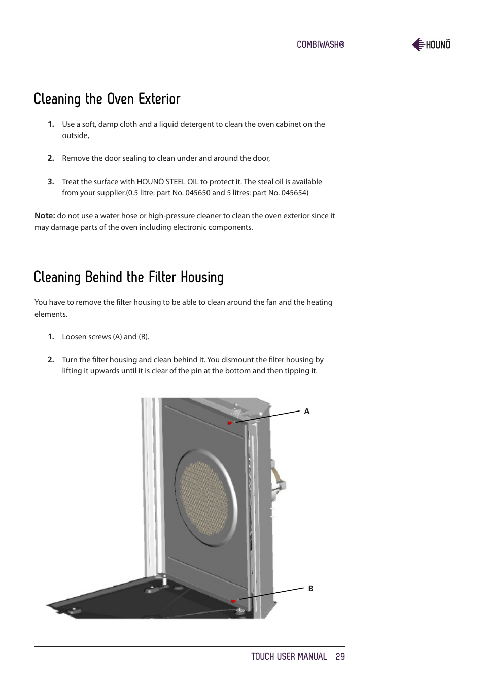 Cleaning the oven exterior, Cleaning behind the filter housing | HOUNO KPE, CPE, BPE & CPE-gas ovens User Manual | Page 29 / 40