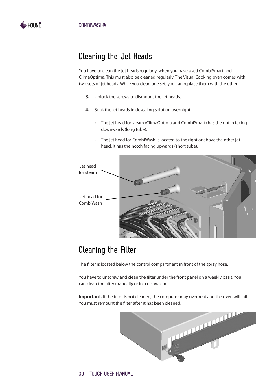 Cleaning the jet heads, Cleaning the filter | HOUNO KPE, CPE, BPE & CPE-gas ovens User Manual | Page 30 / 40