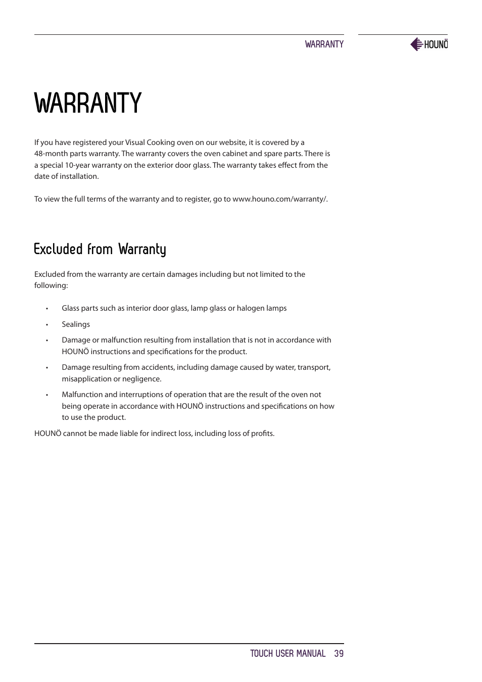 Warranty, Excluded from warranty | HOUNO KPE, CPE, BPE & CPE-gas ovens User Manual | Page 39 / 40