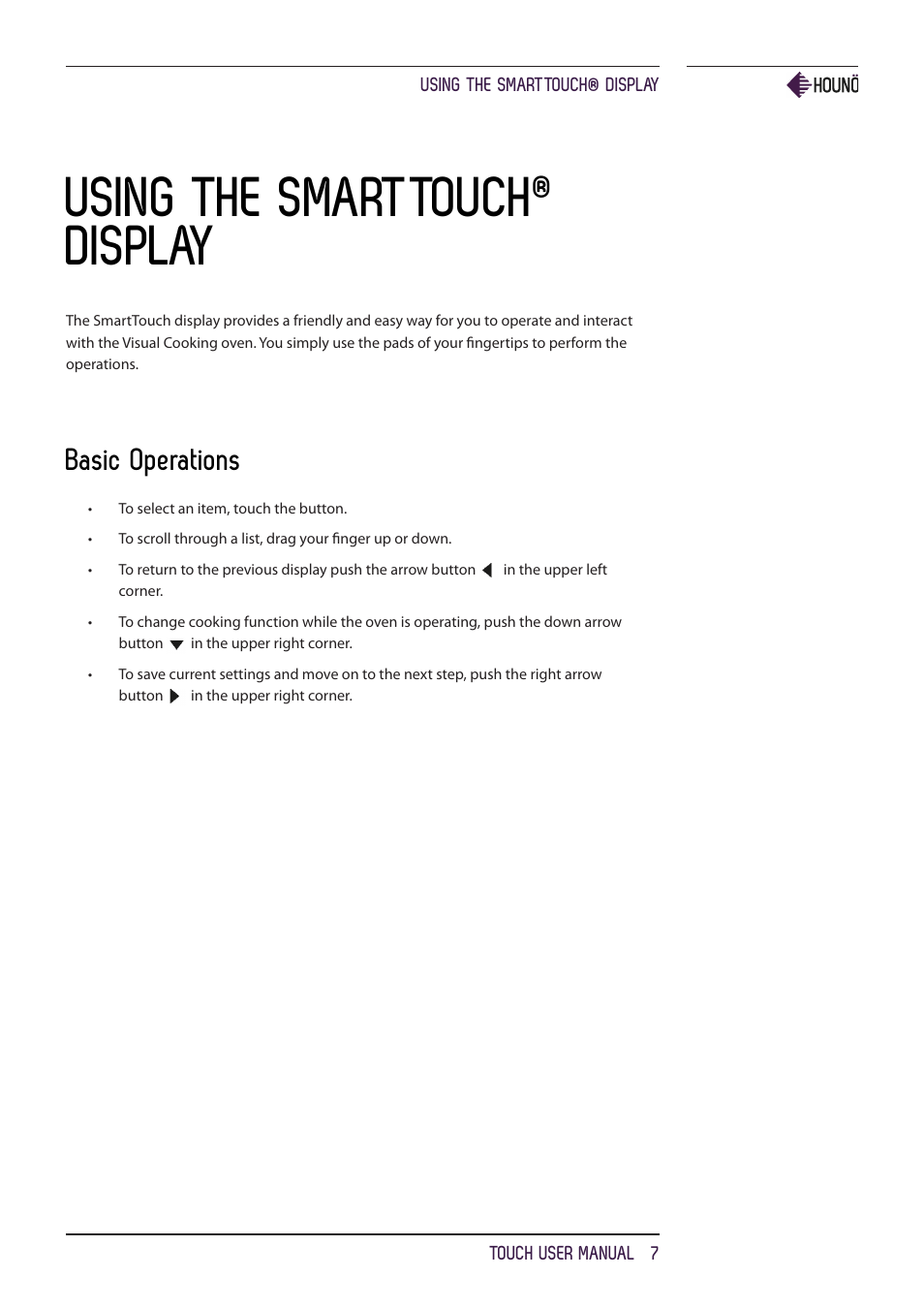 Using the smarttouch, Display, Basic operations | HOUNO KPE, CPE, BPE & CPE-gas ovens User Manual | Page 7 / 40