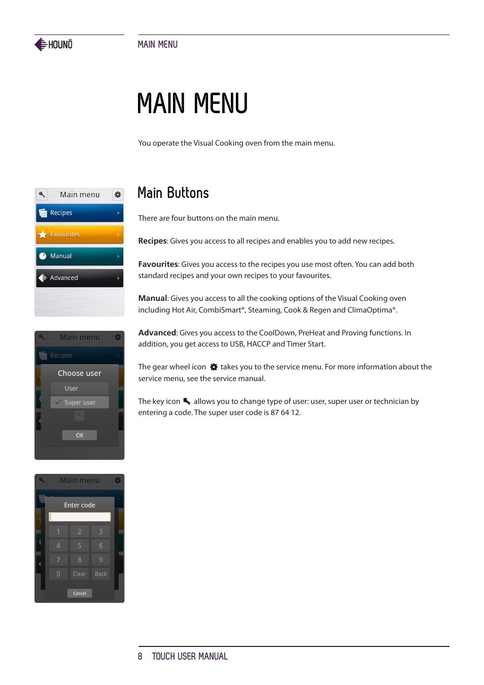 Main menu, Main buttons | HOUNO KPE, CPE, BPE & CPE-gas ovens User Manual | Page 8 / 40