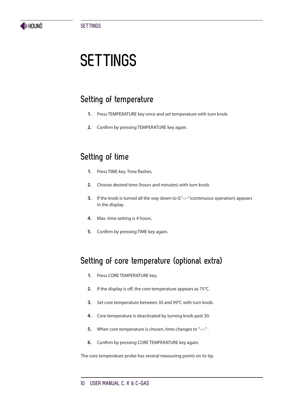Settings, Setting of temperature, Setting of time | Setting of core temperature (optional extra) | HOUNO C, K & C-gas ovens User Manual | Page 10 / 36