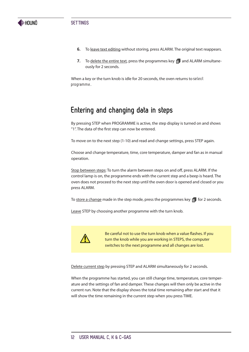 Entering and changing data in steps | HOUNO C, K & C-gas ovens User Manual | Page 12 / 36