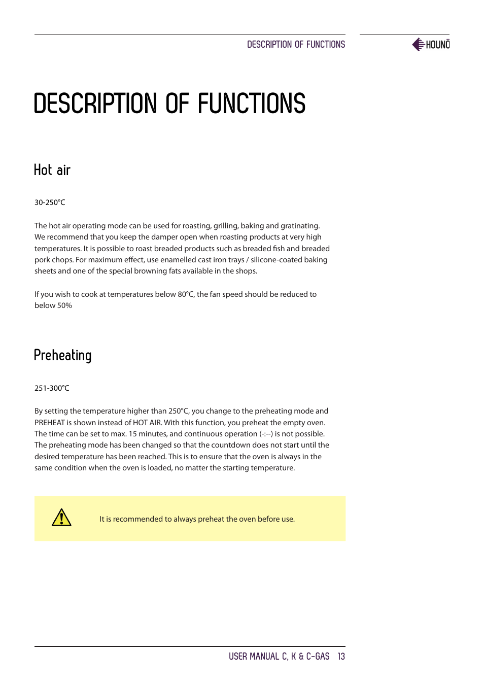 Description of functions, Hot air, Preheating | HOUNO C, K & C-gas ovens User Manual | Page 13 / 36