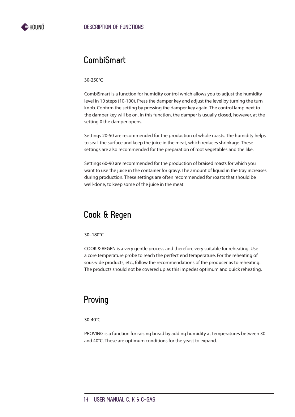 Combismart, Cook & regen, Proving | HOUNO C, K & C-gas ovens User Manual | Page 14 / 36