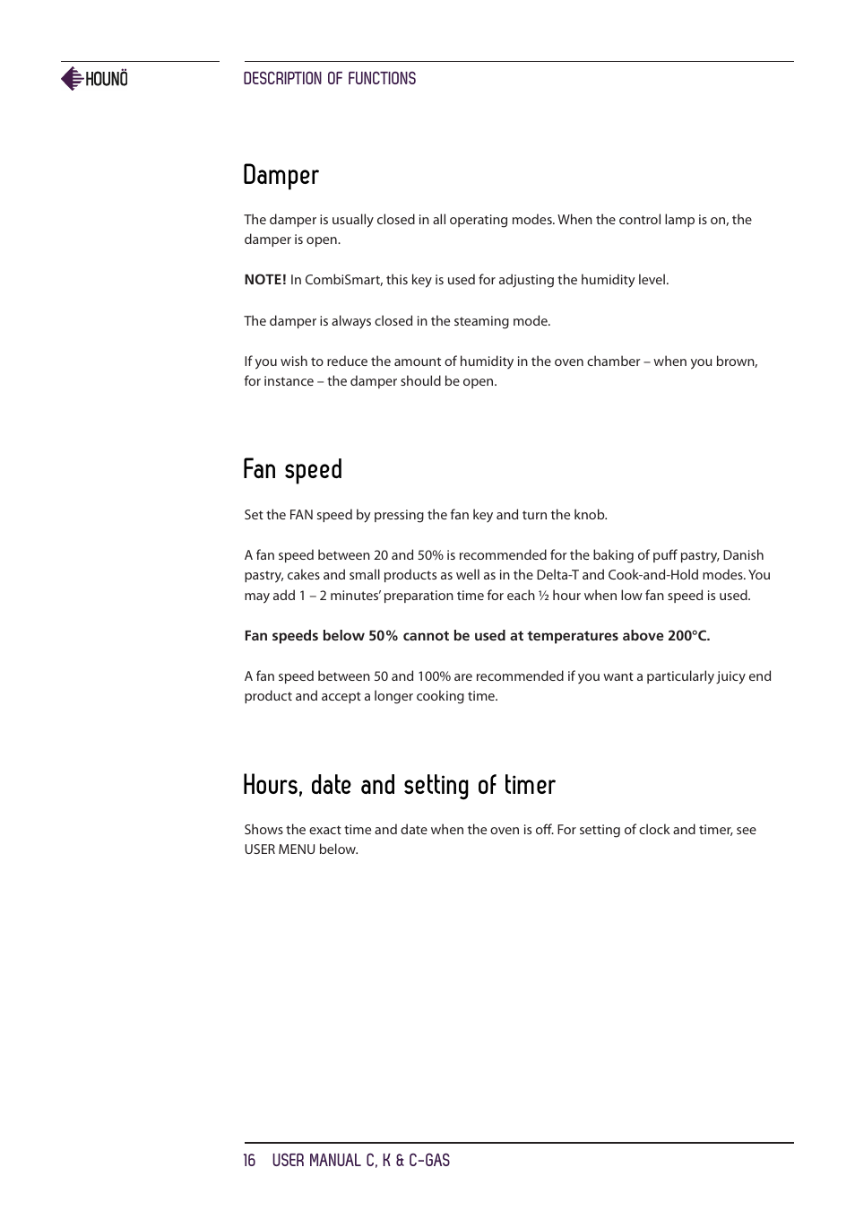 Damper, Fan speed, Hours, date and setting of timer | HOUNO C, K & C-gas ovens User Manual | Page 16 / 36