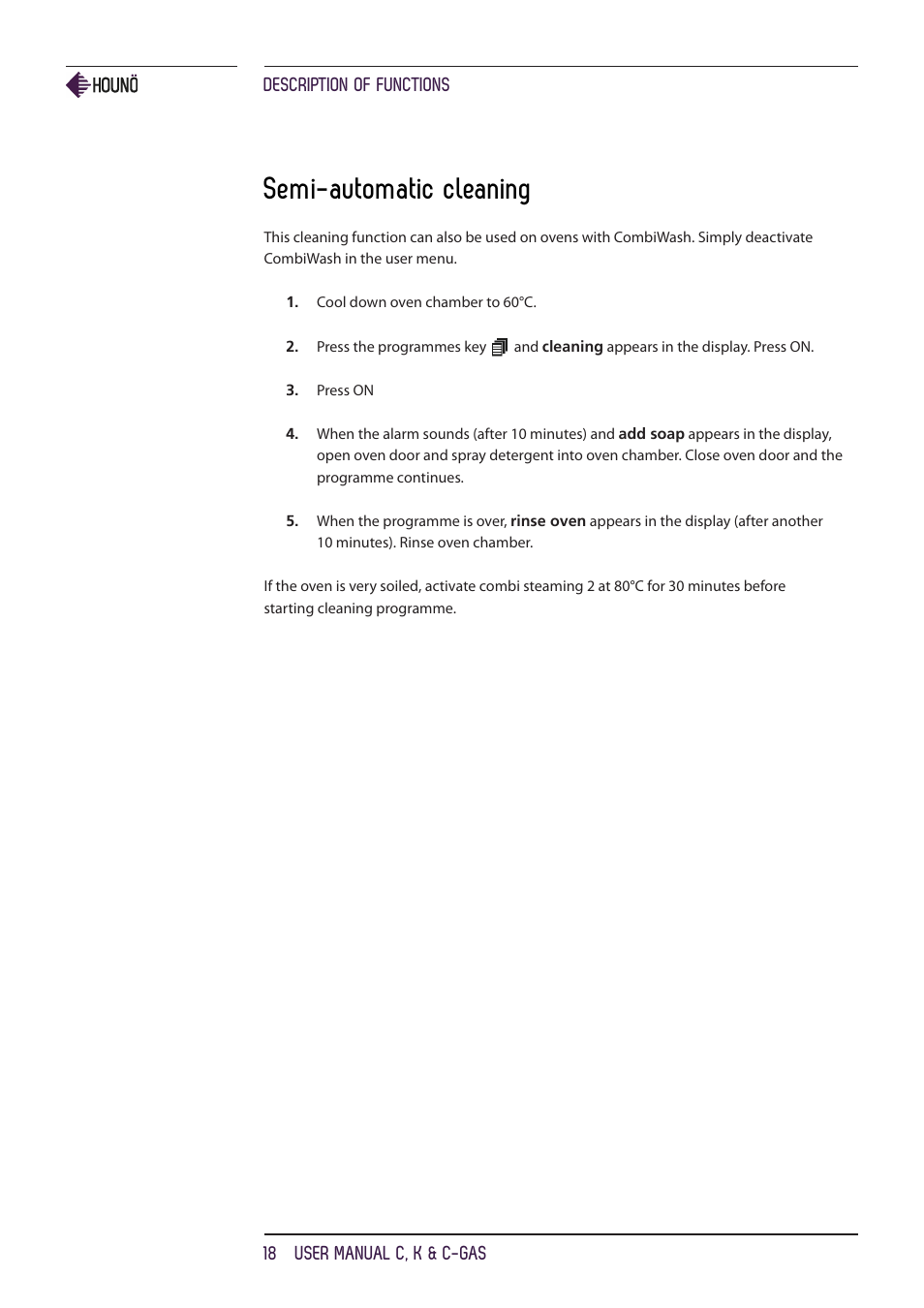 Semi-automatic cleaning | HOUNO C, K & C-gas ovens User Manual | Page 18 / 36