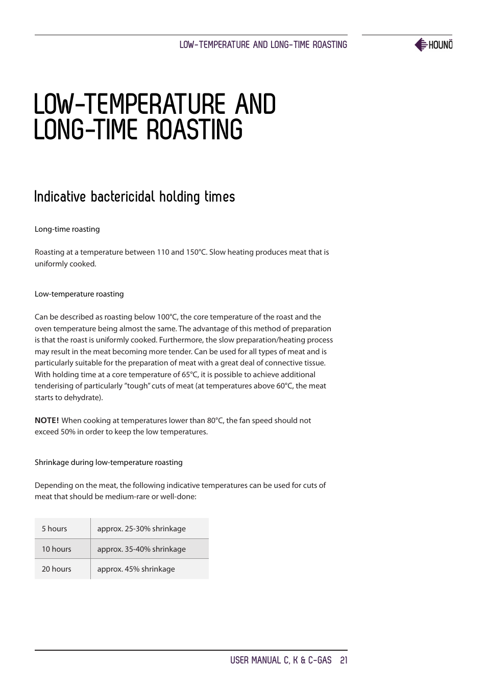 Low-temperature and long-time roasting, Indicative bactericidal holding times | HOUNO C, K & C-gas ovens User Manual | Page 21 / 36