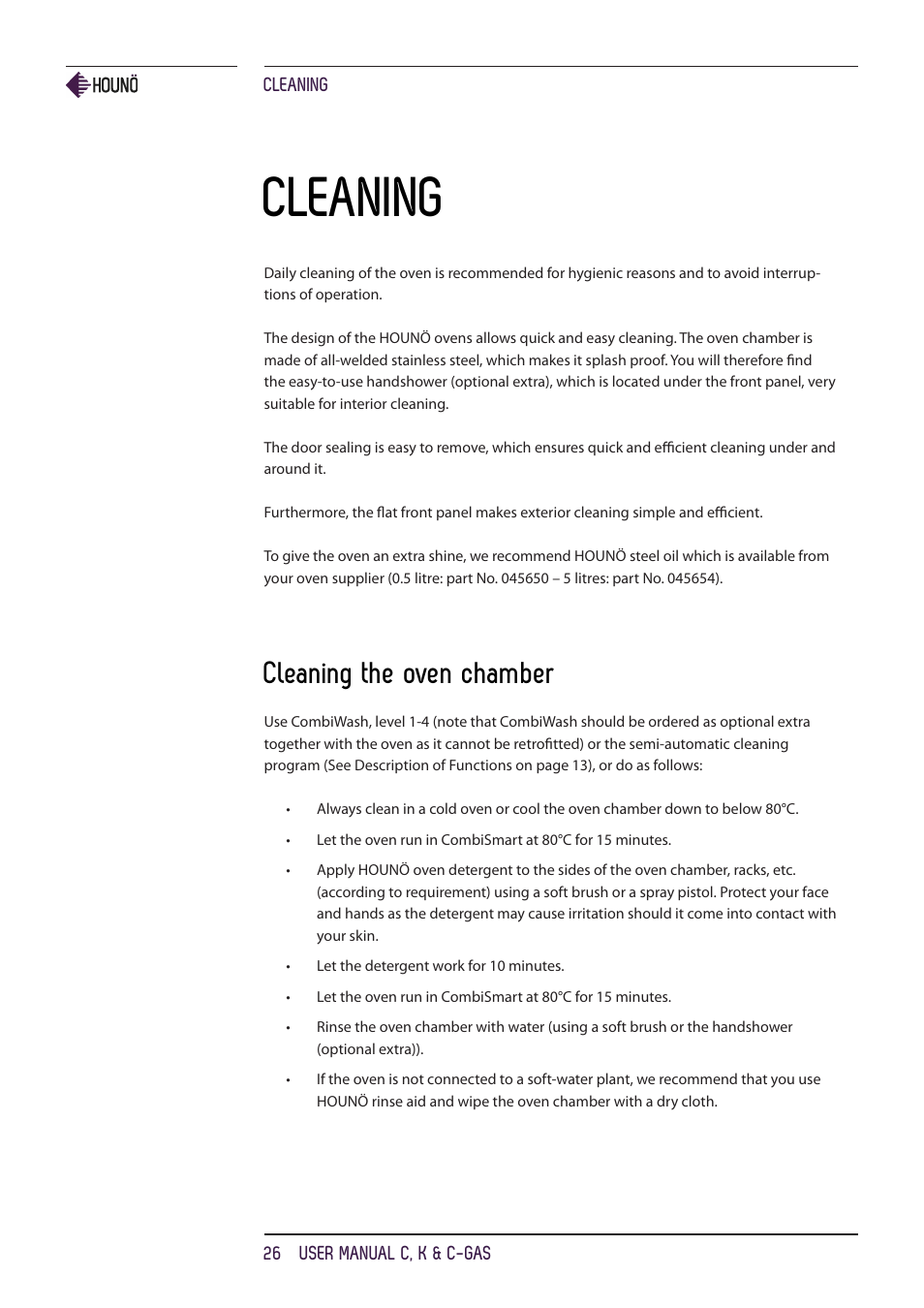 Cleaning, Cleaning the oven chamber | HOUNO C, K & C-gas ovens User Manual | Page 26 / 36