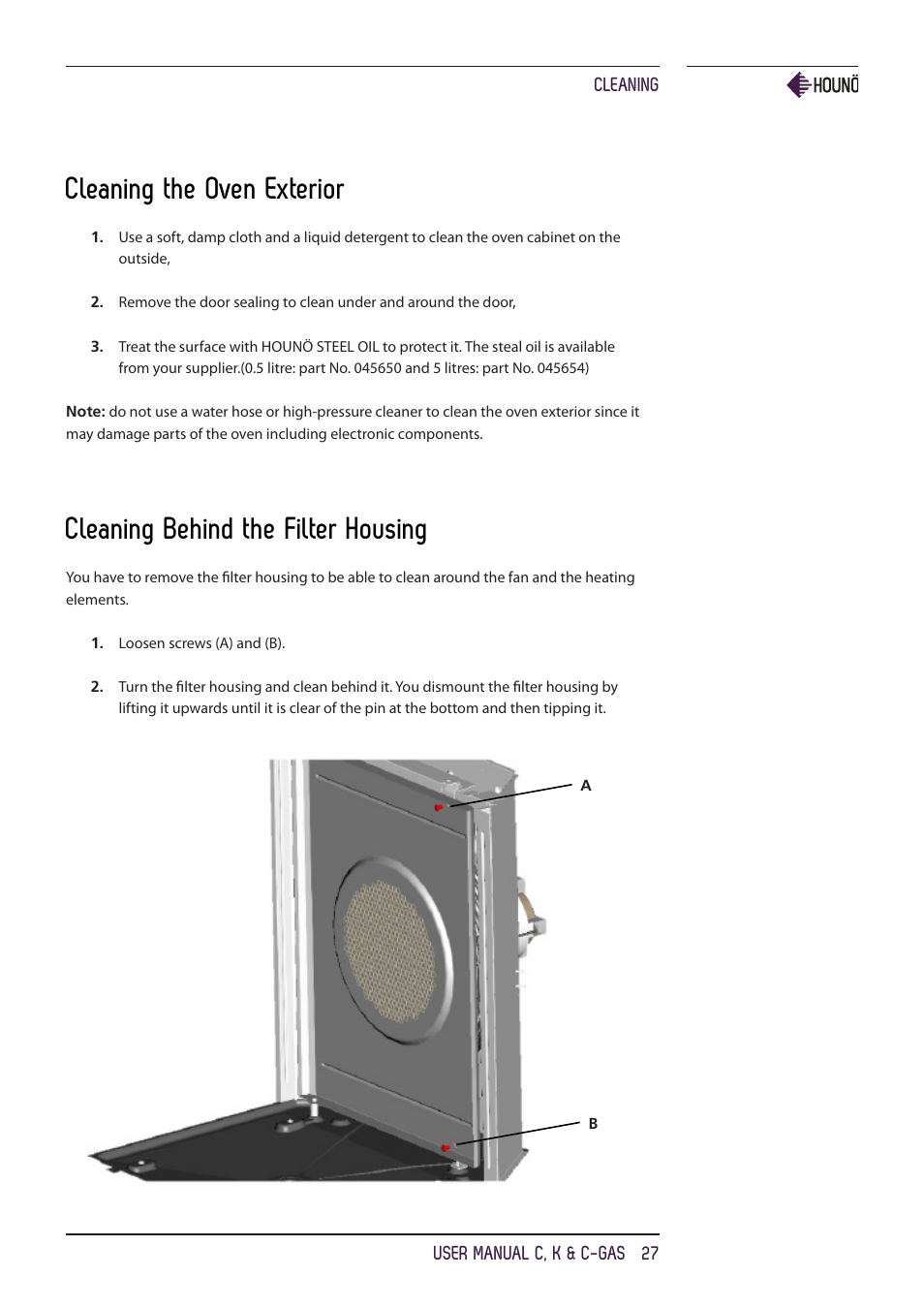 Cleaning the oven exterior, Cleaning behind the filter housing | HOUNO C, K & C-gas ovens User Manual | Page 27 / 36