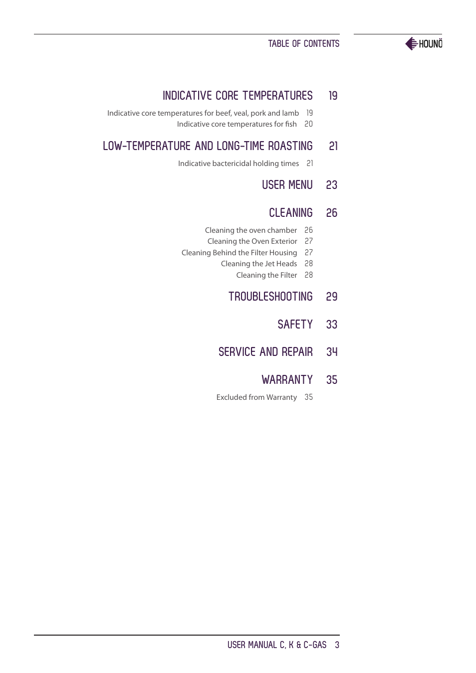 Indicative core temperatures 19, Low-temperature and long-time roasting 21, User menu 23 cleaning 26 | HOUNO C, K & C-gas ovens User Manual | Page 3 / 36