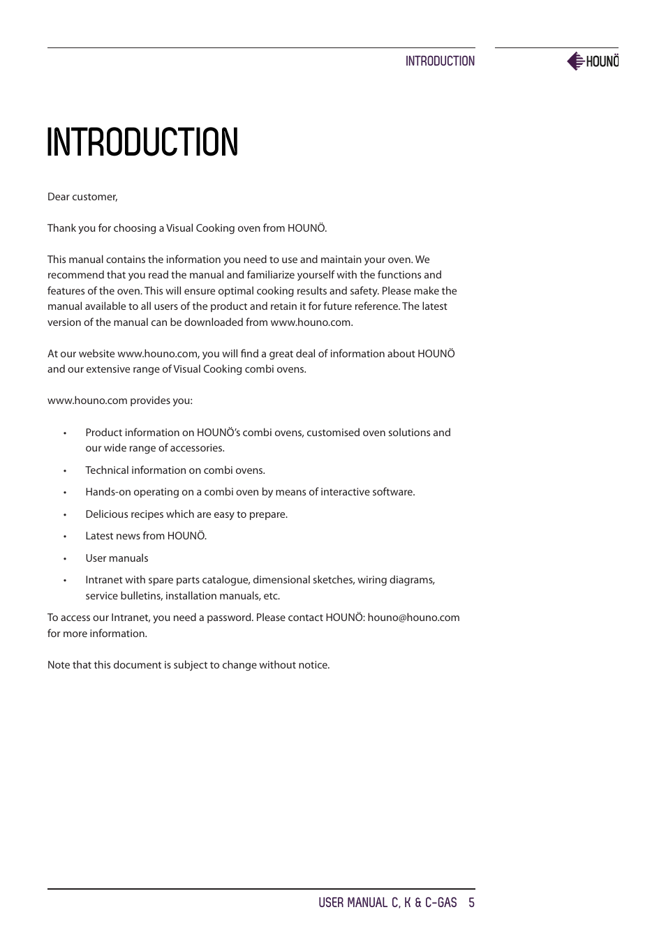 Introduction | HOUNO C, K & C-gas ovens User Manual | Page 5 / 36