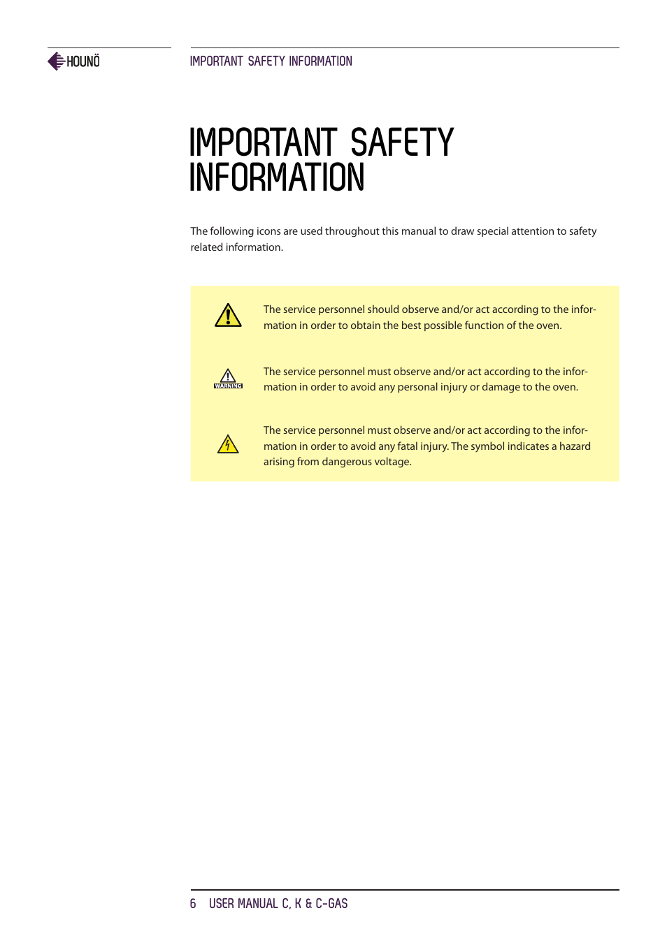 Important safety information | HOUNO C, K & C-gas ovens User Manual | Page 6 / 36