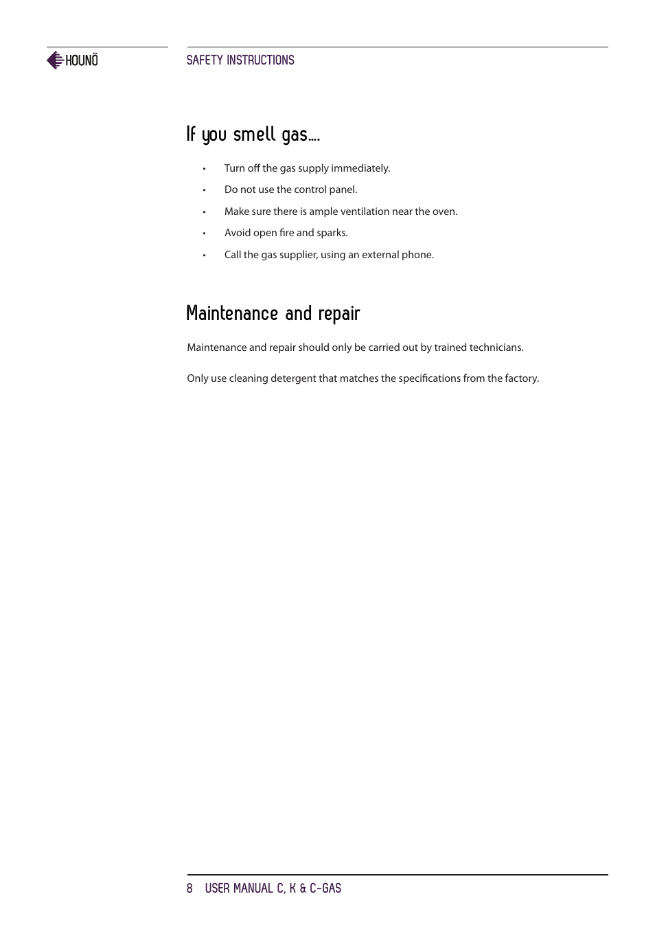 If you smell gas, Maintenance and repair | HOUNO C, K & C-gas ovens User Manual | Page 8 / 36
