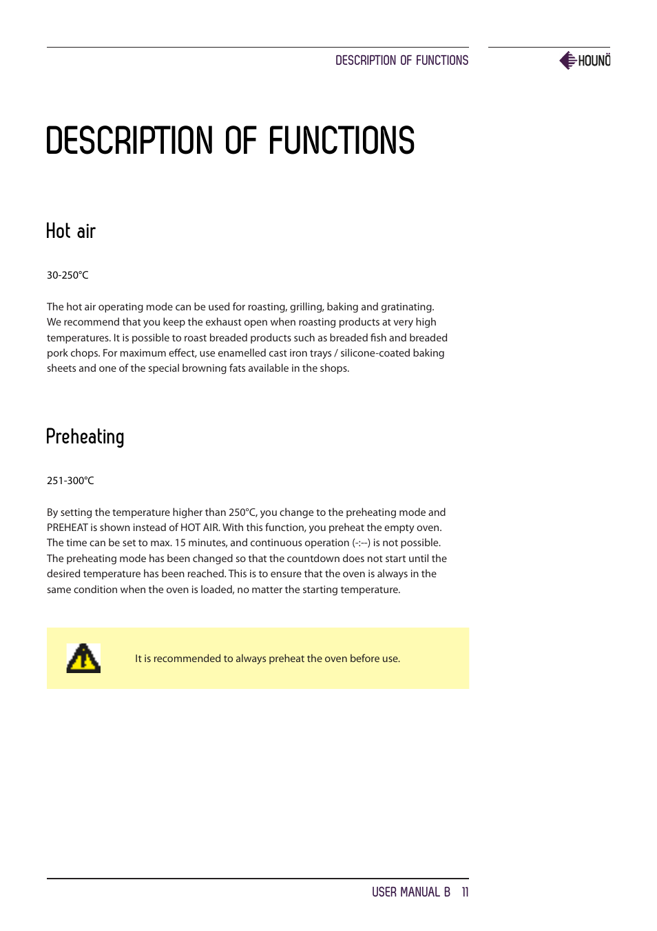 Description of functions, Hot air, Preheating | HOUNO B ovens User Manual | Page 11 / 32