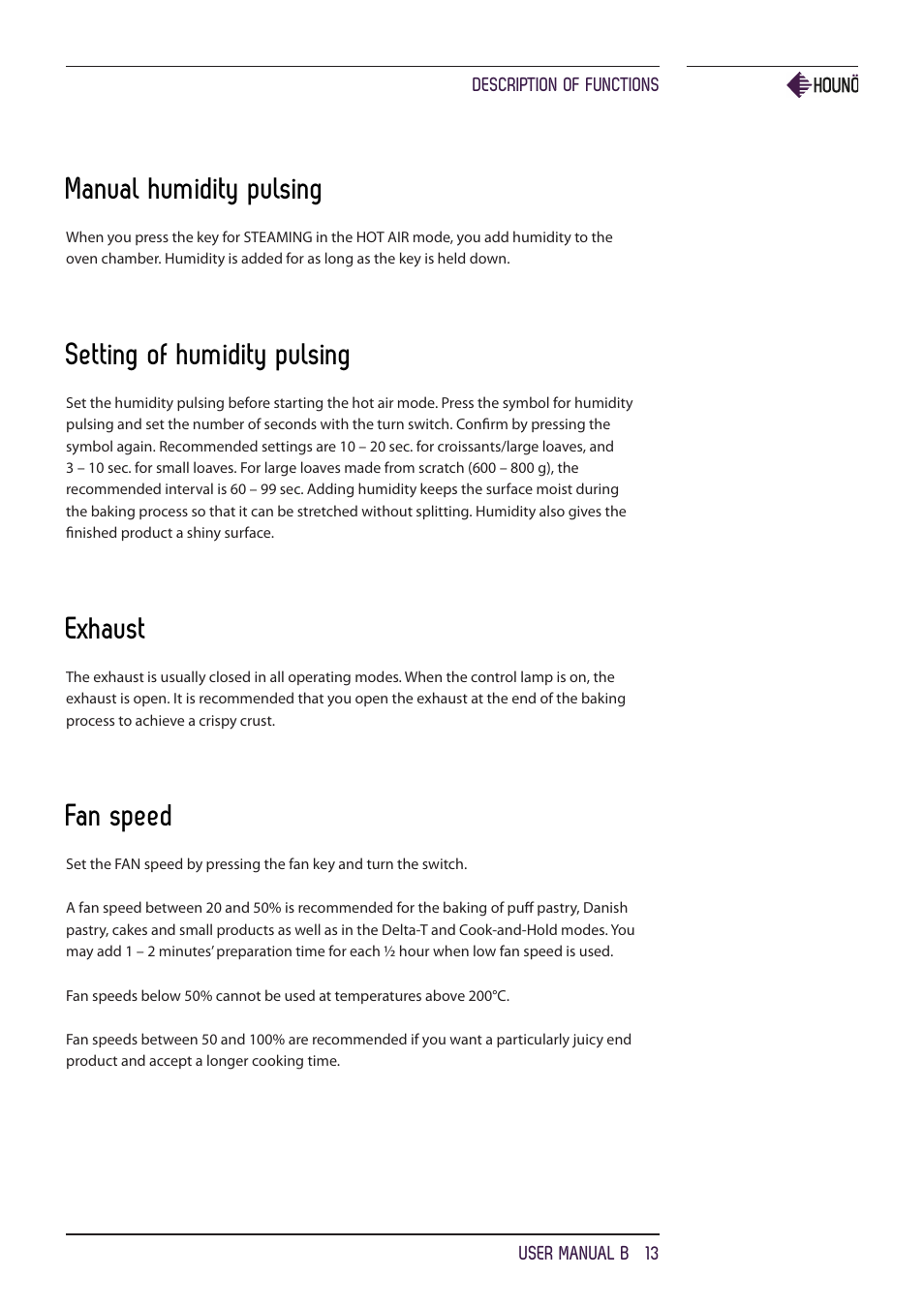 Manual humidity pulsing, Setting of humidity pulsing, Exhaust | Fan speed | HOUNO B ovens User Manual | Page 13 / 32