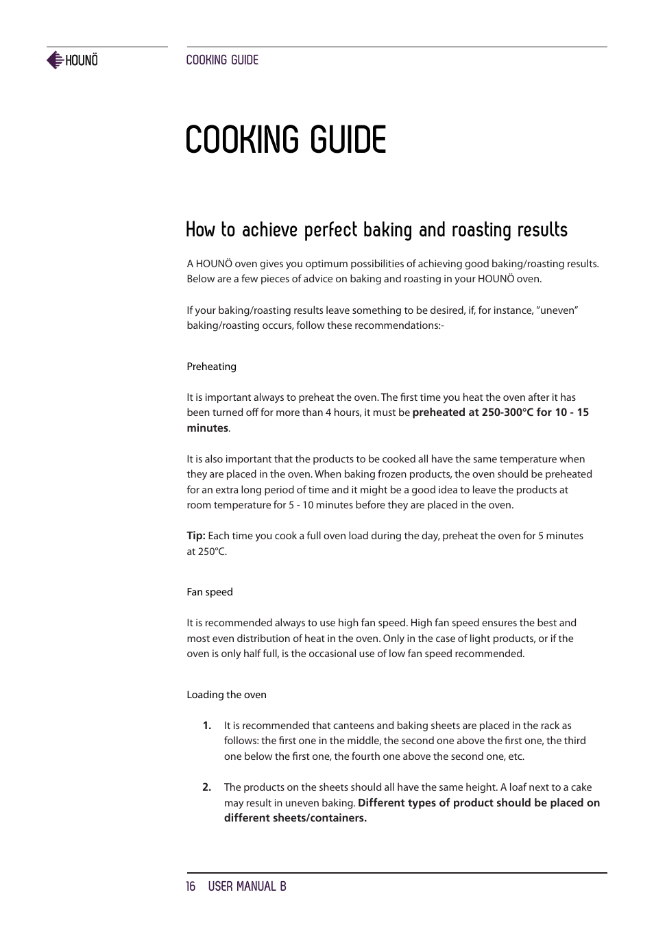 Cooking guide, How to achieve perfect baking and roasting results | HOUNO B ovens User Manual | Page 16 / 32