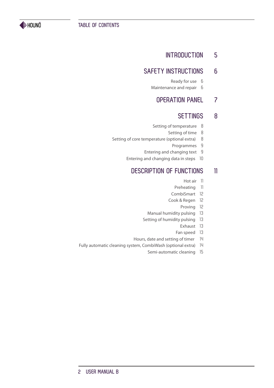 Introduction 5 safety instructions 6, Operation panel 7 settings 8, Description of functions 11 | HOUNO B ovens User Manual | Page 2 / 32