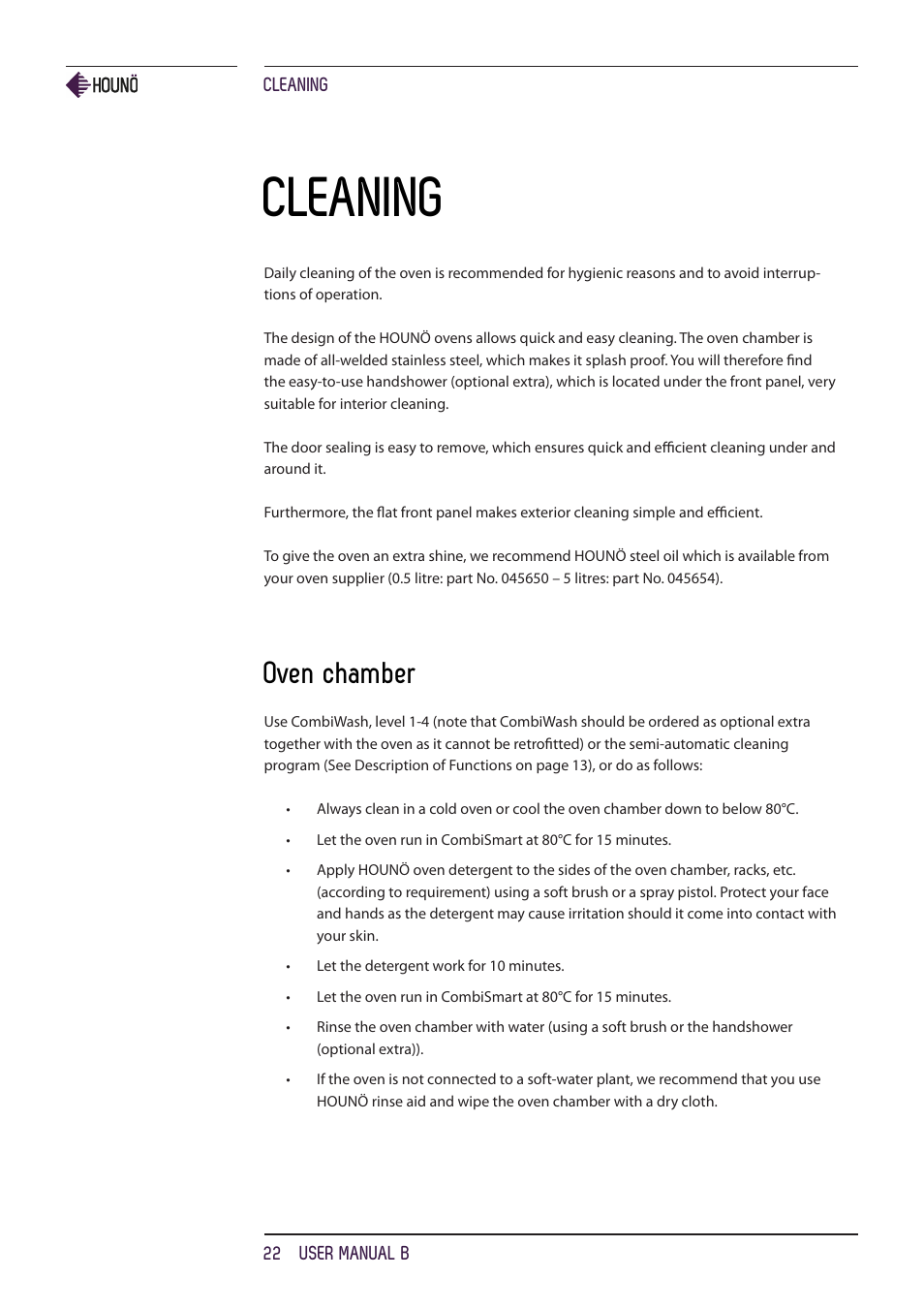 Cleaning, Oven chamber | HOUNO B ovens User Manual | Page 22 / 32