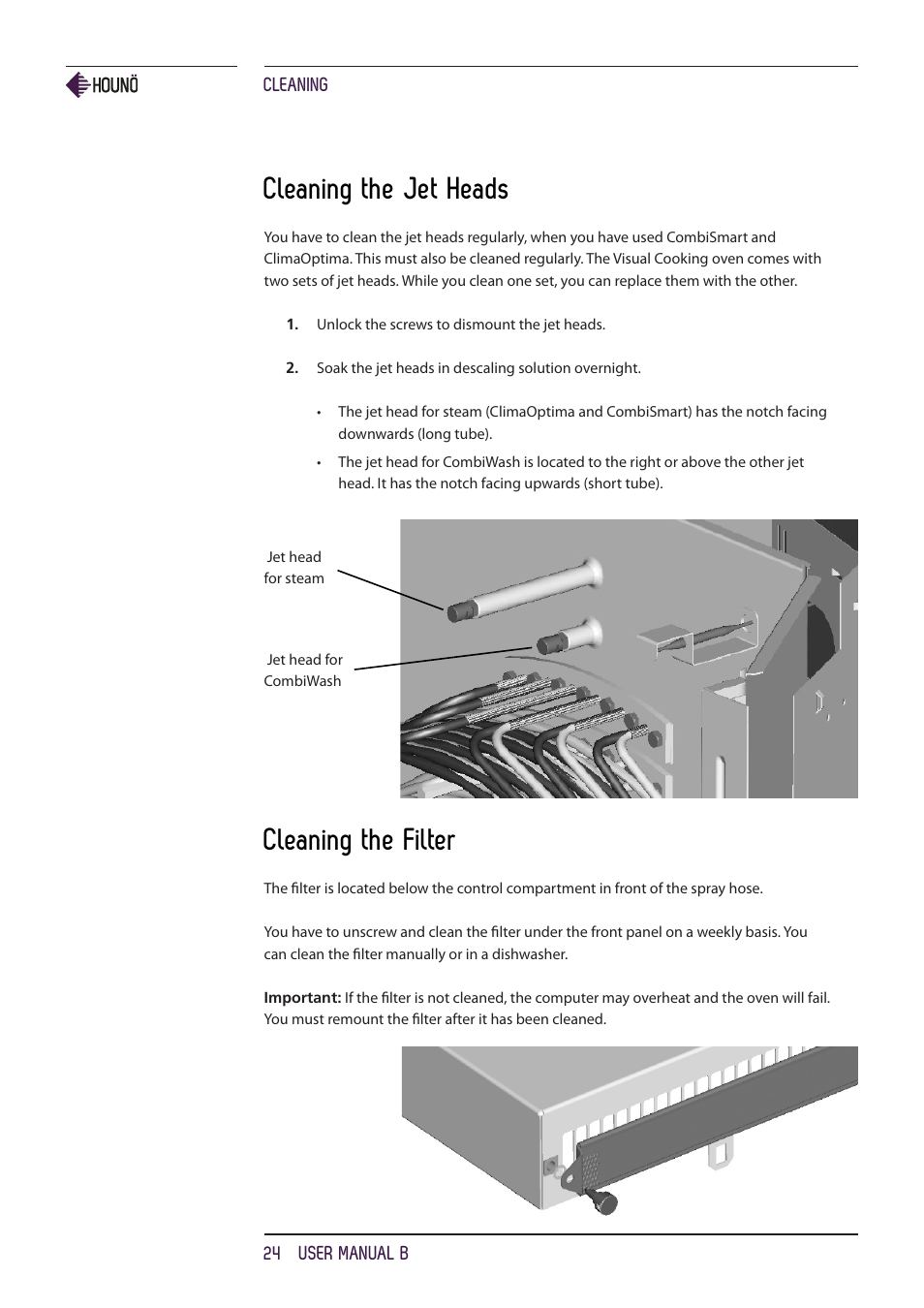 Cleaning the jet heads, Cleaning the filter | HOUNO B ovens User Manual | Page 24 / 32