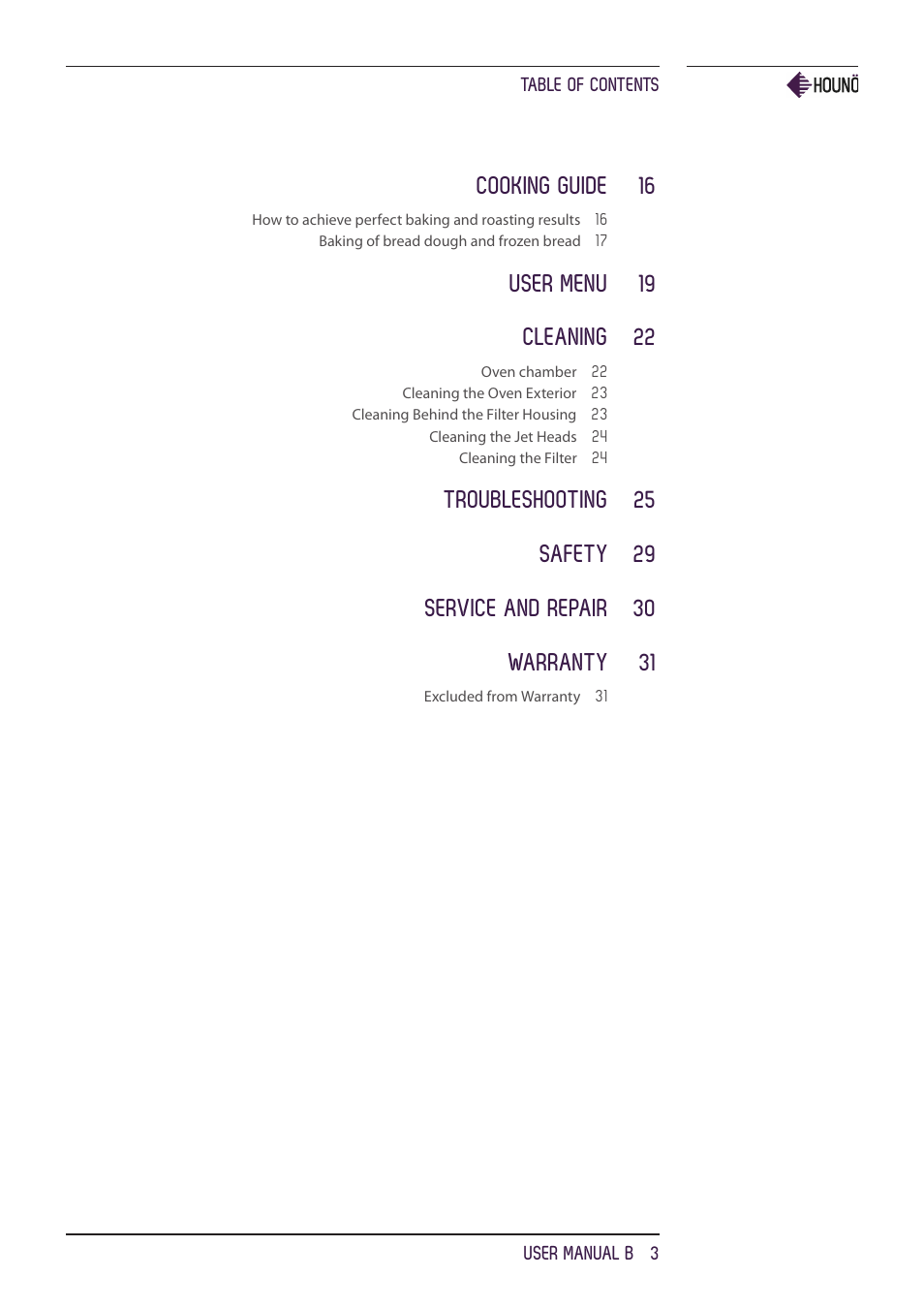 Cooking guide 16, User menu 19 cleaning 22 | HOUNO B ovens User Manual | Page 3 / 32