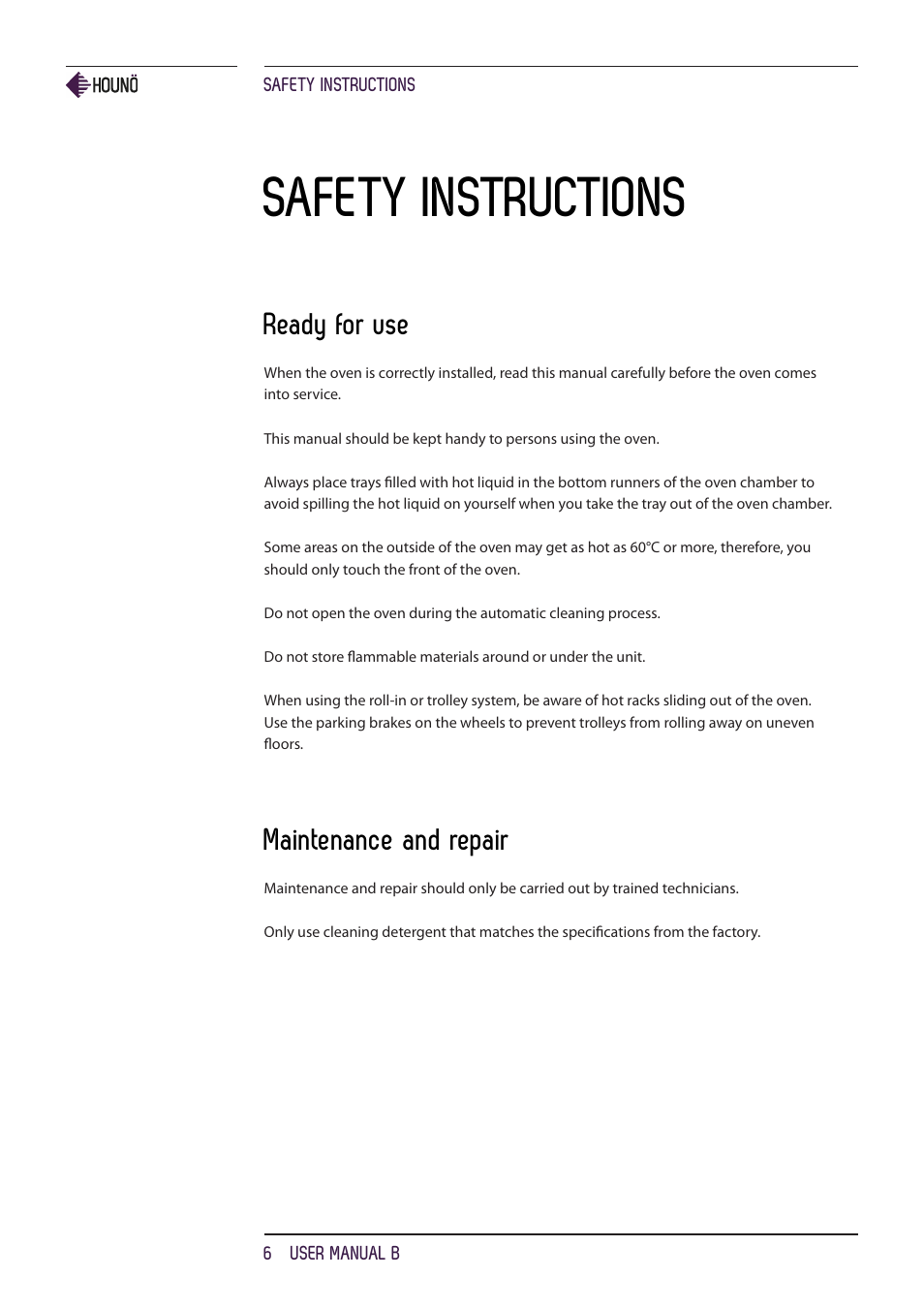 Safety instructions, Ready for use, Maintenance and repair | HOUNO B ovens User Manual | Page 6 / 32