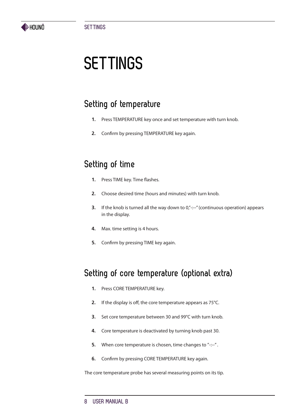 Settings, Setting of temperature, Setting of time | Setting of core temperature (optional extra) | HOUNO B ovens User Manual | Page 8 / 32