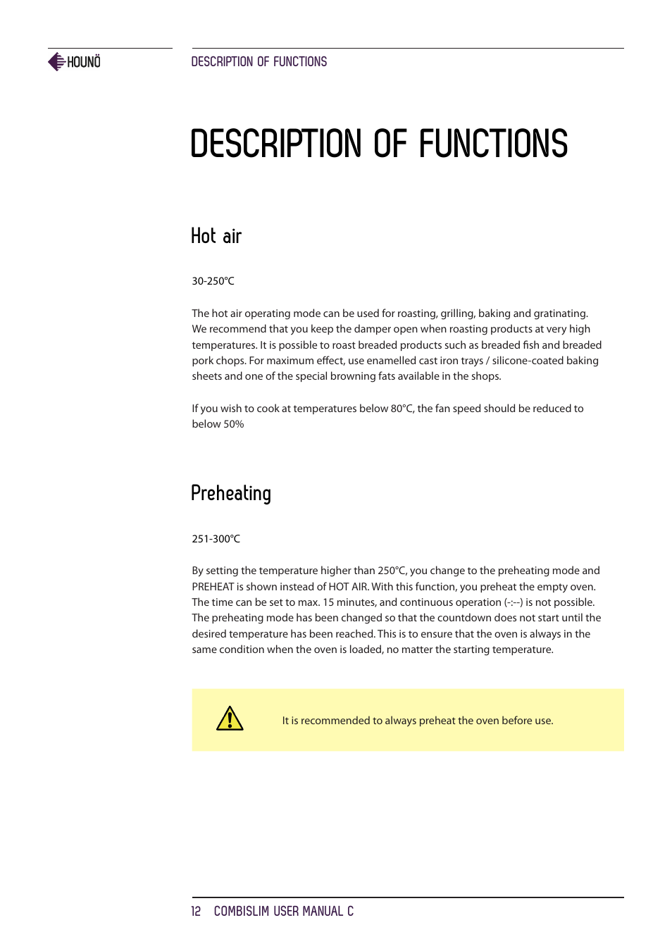 Description of functions, Hot air, Preheating | HOUNO CombiSlim C ovens User Manual | Page 12 / 32