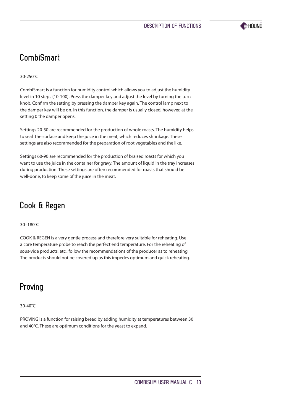 Combismart, Cook & regen, Proving | HOUNO CombiSlim C ovens User Manual | Page 13 / 32