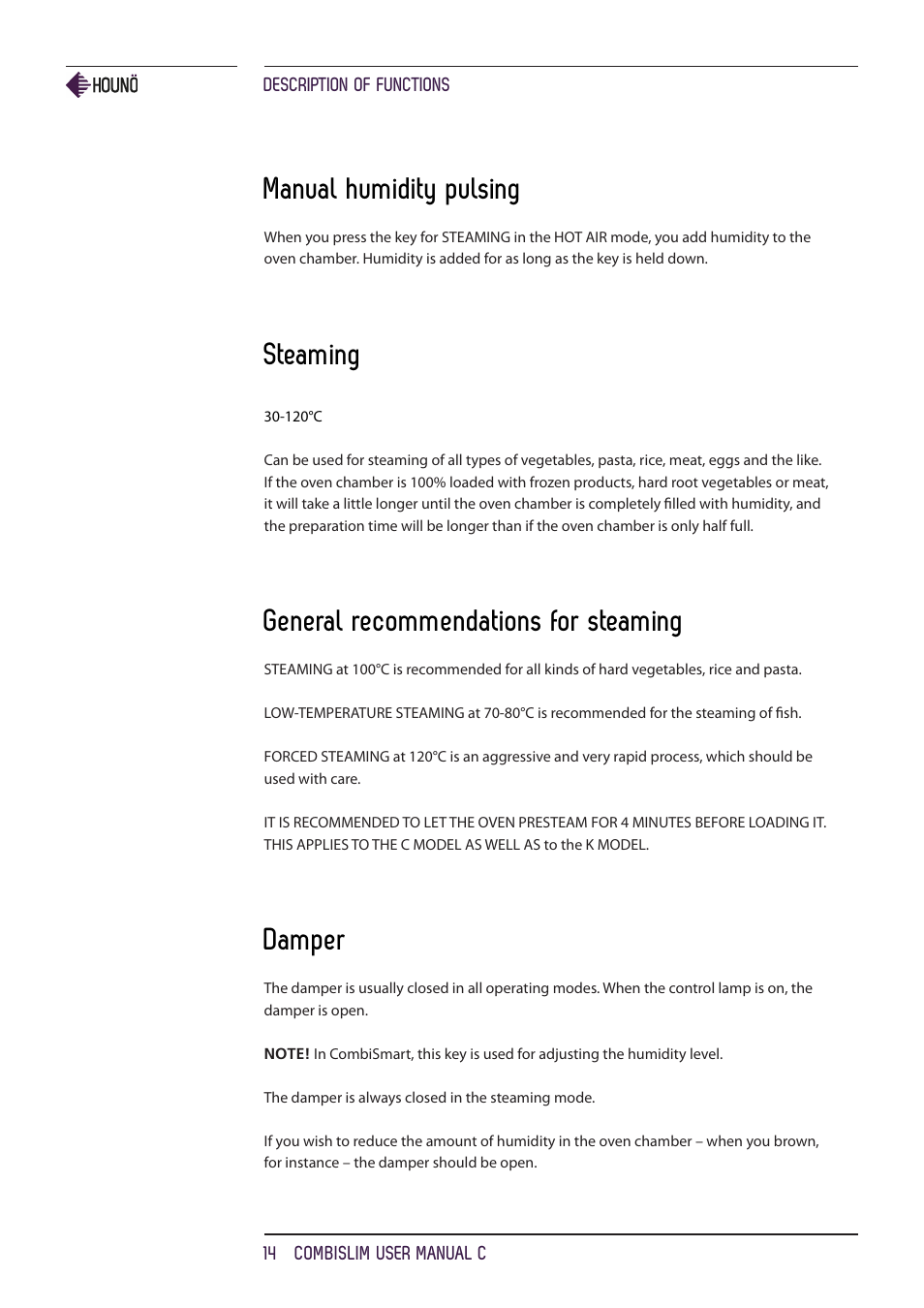 Manual humidity pulsing, Steaming, General recommendations for steaming | Damper | HOUNO CombiSlim C ovens User Manual | Page 14 / 32